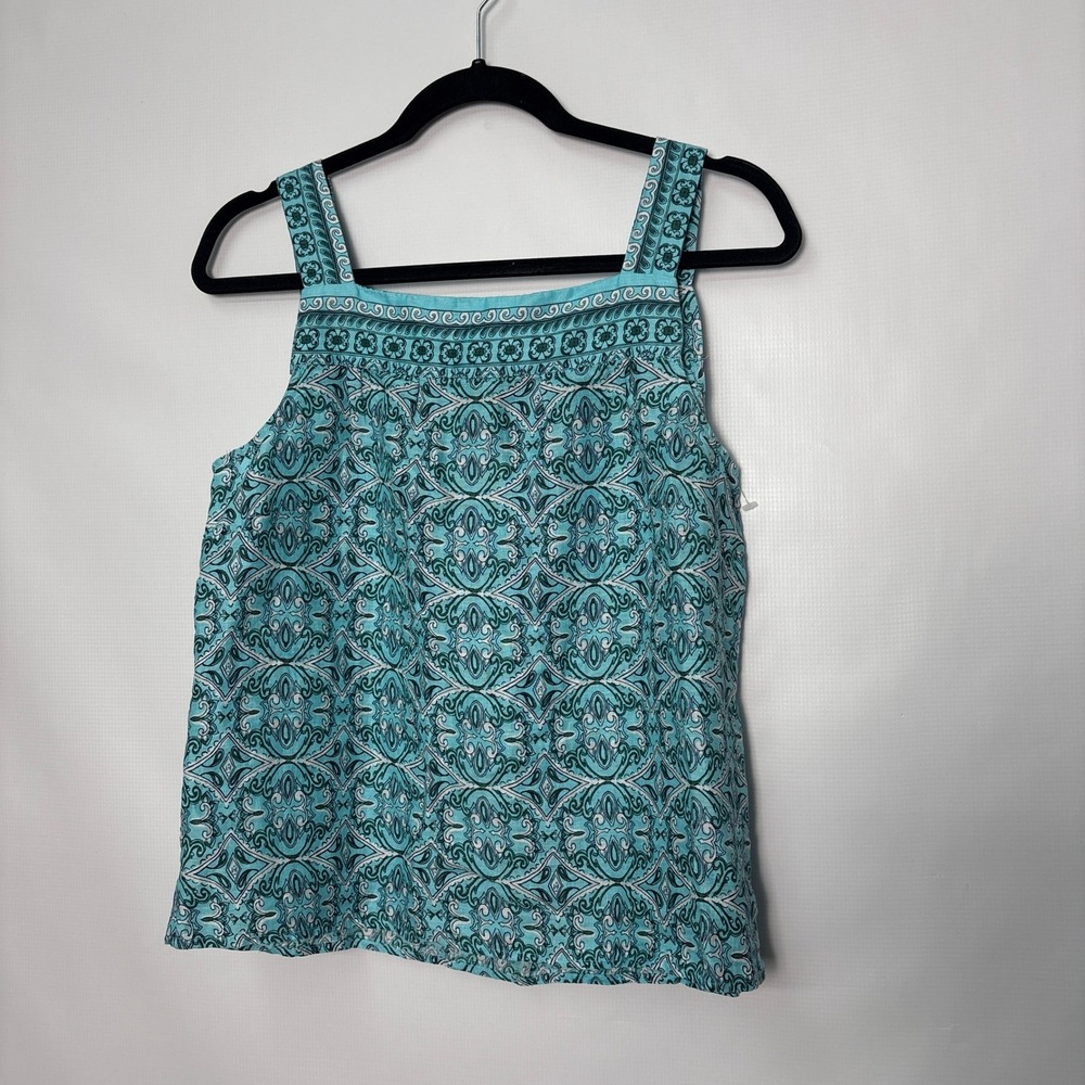 Talbots Petite Small Petite Aqua Blue 100% Linen Paisley Square Neck Tank Top SP